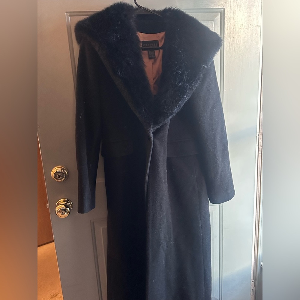 Express world Wool Maxi Coat w/ Faux Fur Shawl Collar –